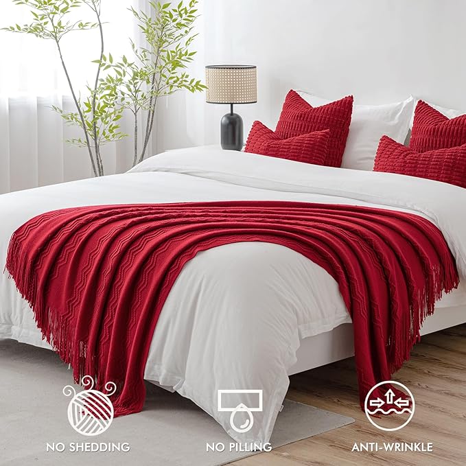 MIULEE Burgundy Red Knitted Throw Blanket for Couch Boho Textured Cozy Woven Blanket with Tassels for Sofa Chair Bed Living Room Acrylic Wave Pattern 60"x80"