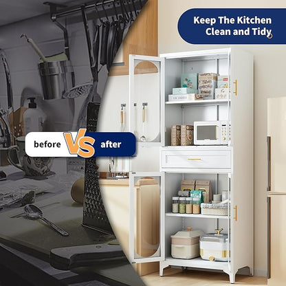 75” Tall Kitchen Pantry Storage Cabinet, Metal Storage Cabinet with 1 Drawer and Adjustable Shelves, Kitchen Pantry Cupboard, Freestanding Cupboard for Bathroom (White-4 Doors and 1 Drawer)