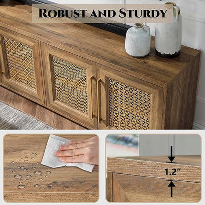 JYED Mid Century Modern TV Stand for TVs up to 75 Inch, with Hollow Metal Mesh Decorated，Boho TV Console with Storage Cabinet,Cable Holes, TV Stand for Living Room, 69.5"x15.6"x24.8", Rustic