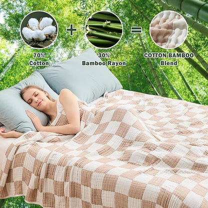 EMME Checkered Cotton Blanket Queen Size for Bed Soft Large Muslin Bed Blankets 80"x90" Lightweight Breathable Cooling All Season Gauze, Light Tan