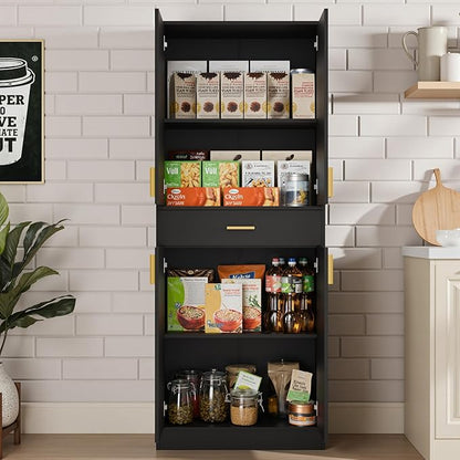 Cozy Castle Pantry Cabinet, 71" Tall Kitchen Storage Cabinet with Doors and Shelves, Freestanding Wood Cupboard Utility Hutch with Drawer for Dining Room Living Room Bathroom Furniture, Black