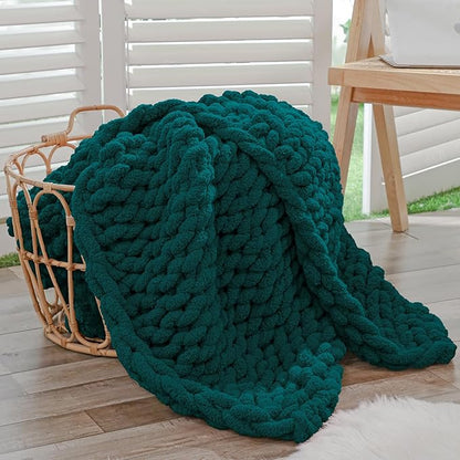 Bigacogo Chunky Knit Throw Blanket for Couch, 40x60 inches, 100% Hand Knitted with Thick Jumbo Chenille Yarn, Cozy Soft Large Rope Knot Cable Crochet Blankets for Sofa Bed Living Room, Dark Green