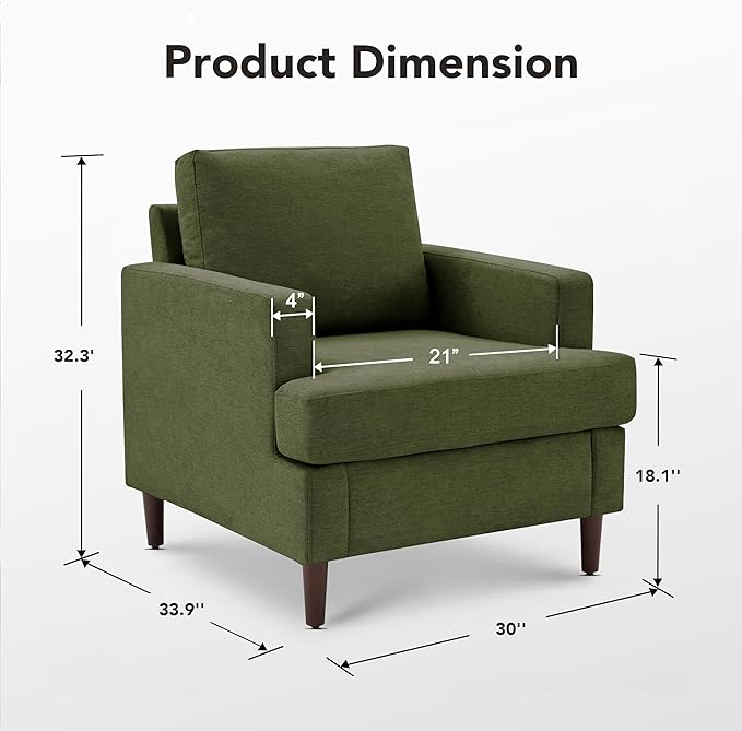 Mid-Century Accent Chair,Modern Linen Fabric Armchair for Living Room,Comfy Upholstered Reading Accent Chairs for Bedroom,Single Sofa Chair with Wood Legs (Green, 2 Pack)