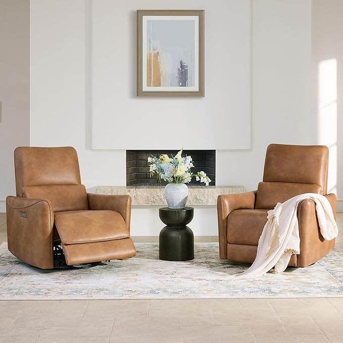 CHITA Power Recliner Chair Swivel Glider, FSC Certified Upholstered Faux Leather Living Room Nursery Reclining Sofa Chair with Lumbar Support, Cognac Brown