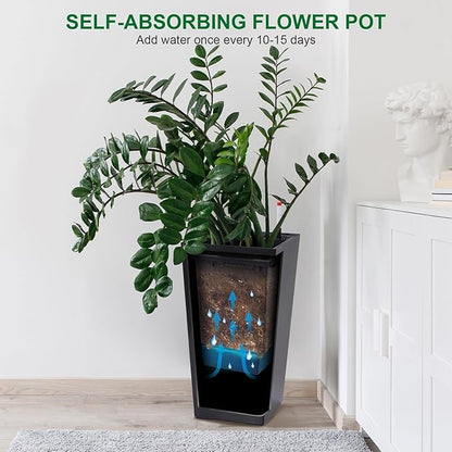 22.5" Tall Planters Set of 2, Outdoor＆Indoor Black Planter Pots, High Front Porch Planter Pots with Drainage Holes＆Water Level Monitor＆Inner Bucket, Automatic Watering, Black