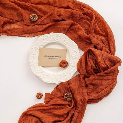 Keketo Fall Table Runner Terracotta Rust Gauze 120 Inch 10 FT Rustic Burnt Orange Cheese Cloth for Wedding Baby Bridal Shower Party Centerpiece Sheer Thanksgiving Fall Decorations for Home