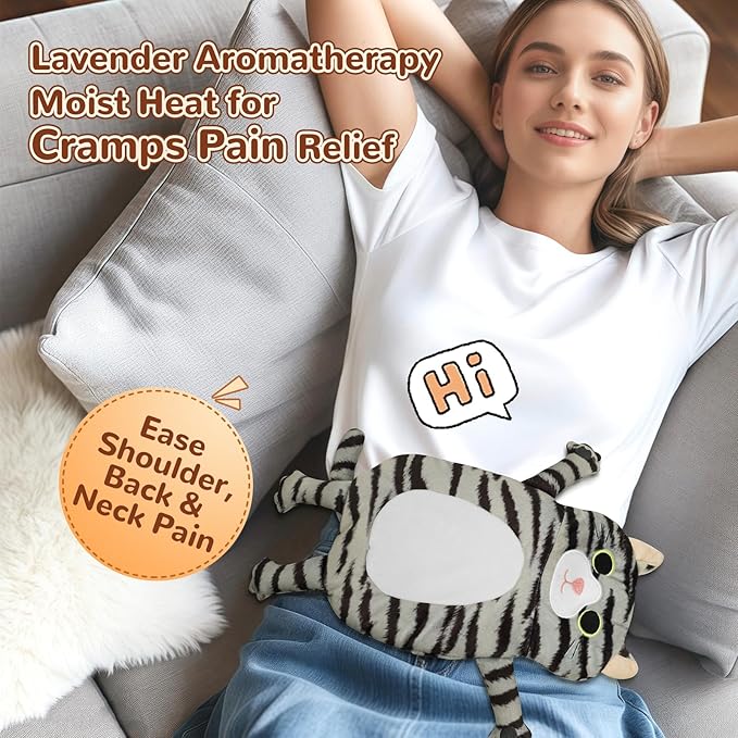 Microwave Heating Pad for Pain Relief, 17" x 9" Microwavable Heating Pads for Cramps, Back Pain, Neck Shoulder, Muscles, Knee, Joints, Natural Heat Pack Moist Heat, Gray Tabby Cat