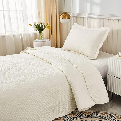 MarCielo 3-Piece 100% Cotton Oversized Bedspread Lightweight Quilt Coverlet Embroidery Farmhouse Bedding Set T0 (Bright White, Twin (68"x86"))