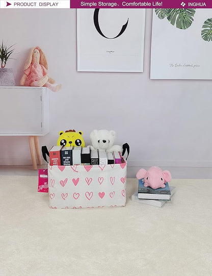 Rectangular Storage Basket Fabric Organizer Bin for Toys,Books,Clothes,Gifts,Pets-Perfect for Home,Office,Nursery,Dorm,Shelf(Rec-Pink hearts )