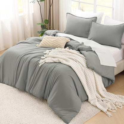 Litanika Comforters Medium Gray Queen Size, 3 Pieces Lightweight Solid Bedding Set & Collections, All Season Fluffy Bed Set (90x90In Comforter & 2 Pillowcases)