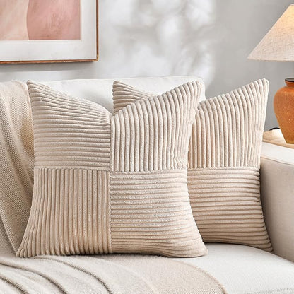 Fancy Homi 2 Packs Tan Samll Decorative Throw Pillow Covers 12x12 Inch with for Couch Bed Sofa, Rustic Farmhouse Boho Home Decor, Soft Corss Patchwork Corduroy Square Beige Cushion Case 30x30 cm