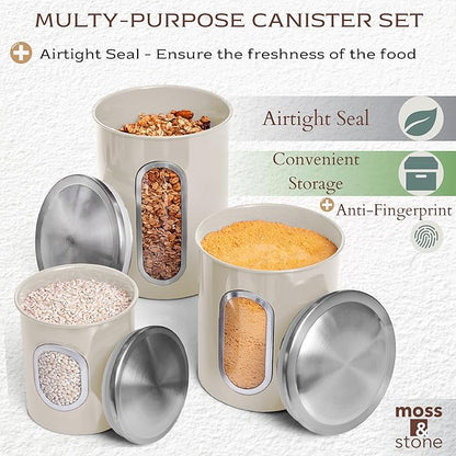 Moss & Stone 3-Piece Beige Canisters Sets For The Kitchen, Airtight Canister Set With See Through Window, Storage Jars for Coffee Container, Tea Organizer & Sugar Canister, Beige Kitchen Canisters