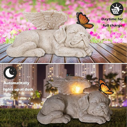 WONDER GARDEN Sleeping Dog Angel Statue with Solar Light - Pet Memorial Stone, in Memory of Dog, Marker Tribute Statues, Resin Guardian Angels, Bereavement Gift