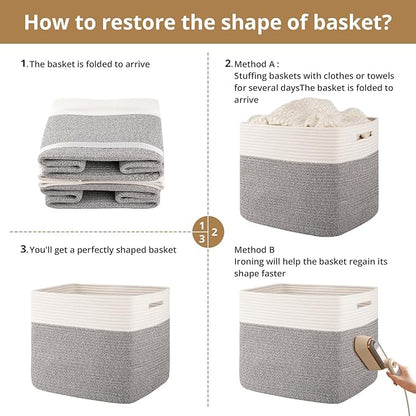 OIAHOMY 13 Kallax Inch Cube Storage Bins, 3-Pack Cotton Rope Woven Baskets for Organizing, Kallax Insert Storage Baskets for Shelves, Baby Nursery, Closet Organizer, 15*13*12.6IN, Grey & White