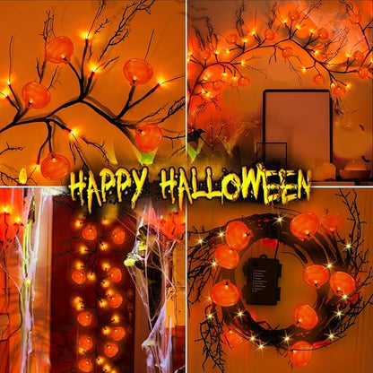 [ 8 Modes & Timer ] Halloween Willow Vine Twig Decor Garland with Pumpkins, 6 FT 54 LED Battery Operated for Indoor Halloween Decorations Home Mantle Fireplace