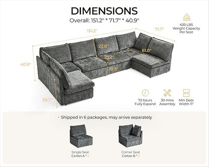 Oversized Modular Sofa Comfy Cloud Couch with Storage, Extra Deep Plush Sectional Sofa Set for Living Room, Covers Washable, Chenille, Olar (Grey, 6-Seater with 2 Corners, u-Shaped)