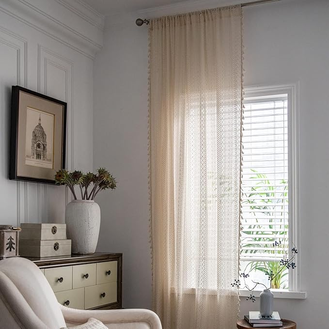 Sutuo Home Boho Curtains 120 inches for Bedroom Living Room Patio Doorway, Crochet Lace Sheer Bohemian Extra Long with Tassels,Window Treatment Drape, Single 1 Panel 59" W x 120" L, Beige