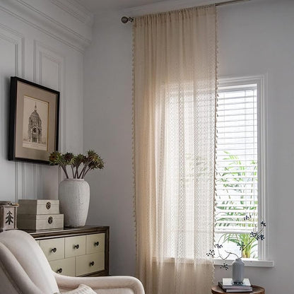 Sutuo Home Beige Boho Curtains Crochet Lace Semi-Sheer Bohemian Hollow Knitted Handmade Tassels, Rod Pocket Window Treatment Vintage Rustic Farmhouse Drapes for Glass Slide Door, 1 Panel 59" W x 90" L