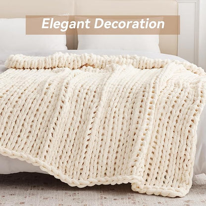 Chunky Knit Throw Blanket, 50''*60'' Knitted Throw Chenille Yarn for Bed Couch, Handmade Cream Crochet Big Thick Blanket, Machine Washable Cute Comfy Blanket for Home Decor