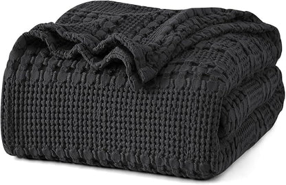 PHF 100% Cotton Waffle Weave Blanket Queen Size, Soft Lightweight Breathable Cozy Summer Blankets for Bed, Luxury Aesthetic Woven Bedding for Home Decor, 90"x90", Black