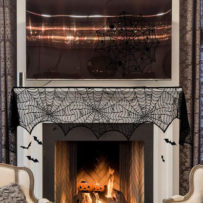 ZeeDix 39 Pcs Halloween Decorations Kit Black Lace Spiderweb Round Tablecloth Table Runner, Giant Spider Cobweb Fireplace Scarf with 36PCS Scary 3D Bats Wall Stickers for Halloween Party Decor