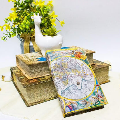 Decorative Book Box Set of 3, Fake Book Trinket Keepsake Storage Boxes with Ancient World Map Pattern, Graduation Gift