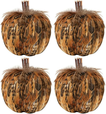 naturevibe 4.3 Inches Elegant Feathered Pumpkin Decor Set of 4 for Thanksgiving Decorations, Natural Feather Pumpkins as Fall Home Decor,Centerpieces for Tables or Autumn Harvest Gifts