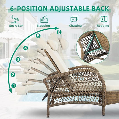 VIVIJASON 3 Pieces Outdoor Wicker Chaise Lounge Chair Set, All-Weather PE Rattan Cushioned Patio Lounger Set of 2 with Side Table, Adjustable Pool Sunbathing Recliner with Armrest & Pillow, Beige