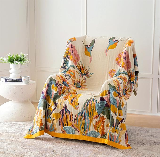 MSGKV Boho Throw Blanket 60''x80'',100% Cotton Blankets for Couch Bed,Cotton Quilt Travel Muslin Blankets Farmhouse Home Decor Soft Lightweight Picnic Blanket