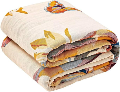 Boho Throw Blanket, 100% Cotton Ultra Soft Luxury Throw Rustic Quilt, 90"x98" Floral Bird Butterfly Farmhouse Decor Bed Blankets, All Season Rustic Reversible Bohemian Throw for Bed - Yellow