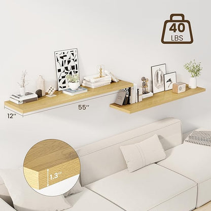 55" Floating Shelves for Wall, 12" Deep Slim Oak Floating Shelves, Wall-Mounted Shelves for Bedroom, Living Room, Kitchen, Bathroom - Set of 2