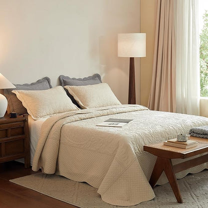MarCielo 3-Piece 100% Cotton Oversized Bedspread Lightweight Quilt Coverlet Embroidery Farmhouse Bedding Set T0 (Yellowish Beige, Oversized King (118"x106"))