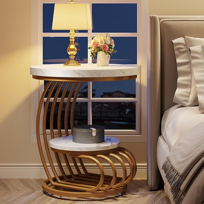 Tribesigns Gold Round End Table: 2 Tiers Faux Marble Side Table with Storage Shelf, Modern White Gold Bedside Nightstand, Metal Arc-Shaped Frame Accent Table for Living Room, Bedroom