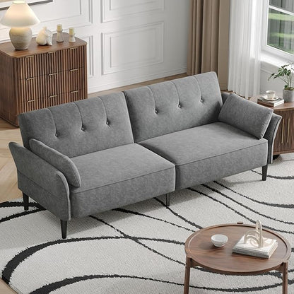 89” Futon Sofa Bed, Comfy Futon Couch Bed with 2 Square Pillows, Convertible Sleeper Sofa with Adjustable Backrest& Armrests, Modern Loveseat Sleeper for Living Room, Bedroom, Light Gray