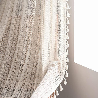 Sutuo Home Boho Lace Curtains for Kitchen Bedroom,Bohemian Crochet Sheer Cotton Tassels Knitted Window Treatment Geometry Country Vintage Rustic Drape Rod Pocket 1 Panel 59" W x 72" L, Beige Wave