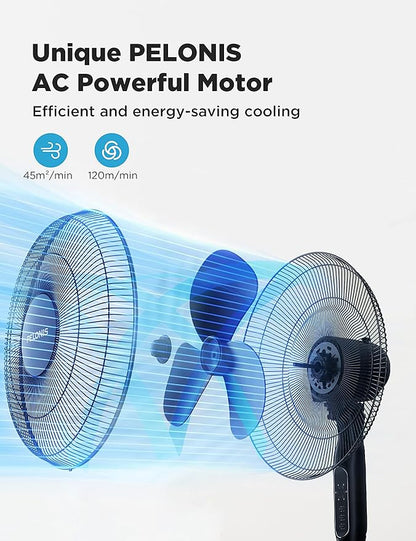 PELONIS 16'' Pedestal Fan for Bedoom, Remote, Standing Fan with 7-Hour Timer, 90° Oscillation, 3-Speeds, Adjustable Height, Electric Cooling Fans for Living Room and Office