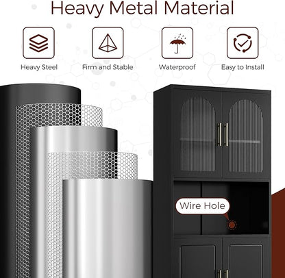 75" Tall Kitchen Pantry Cabinet, Metal Storage Cabinets with Acrylic Doors and Adjustable Shelves, Hutch Cabinet with Storage, Black Microwave Stand Cabinets for Dining Living Room