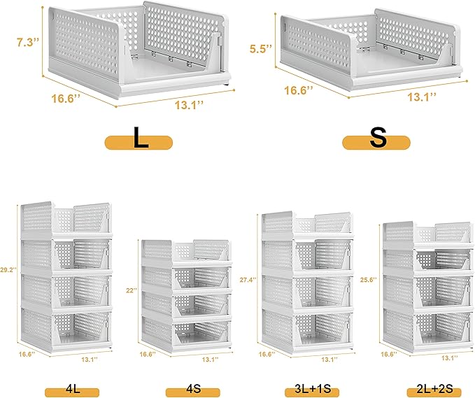 4 Pack Stackable Plastic Storage Basket Closet Organizer Bin Foldable Clothes Organizer Storage Drawer Shelf Container for Living Room Bathroom Kitchen Office (2L+2S)