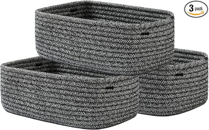 KALLAX Small Woven Basket, 12 x 8 x 4.5 Inches, Storage Basket for Organizing, Cute Small Rope Shelf Closet Cube Storage Bins Baskets for Shelves, Dog Toy Gift Baskets Empty, 3 Pack Mixed Black