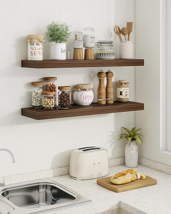 Marsmiles 24" Floating Shelves for Wall, Wooden Shelves with Invisible Brackets Set of 2, Rustic Farmhouse Wall Mounted Shelf for Kitchen Bathroom Living Room Study, Walnut
