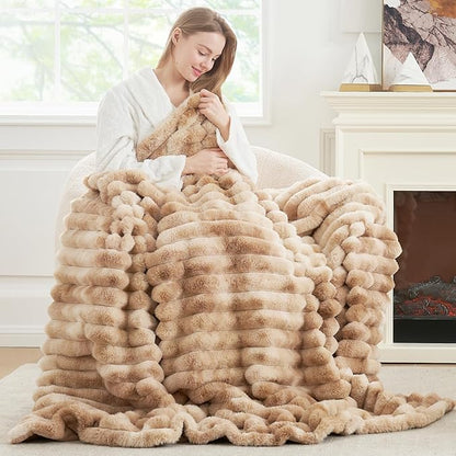 Cozy Bliss Faux Fur Throw Blanket for Couch, Cozy Warm Plush Striped Blanket for Sofa Bedroom Living Room, 50 * 60 Inches Tie-dye Kahki