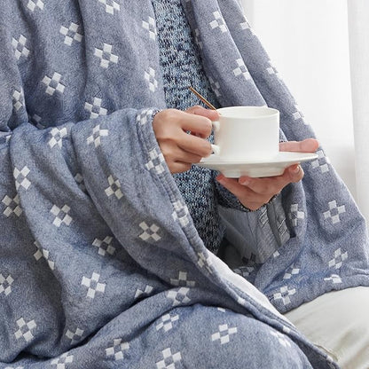 jinchan Boho 100% Cotton Blanket Muslin 50x60 Inches Lightweight 3-Layer Geometric Cross Pattern Reversible Quilt Throw Soft Breathable Comfy All Seasons for Couch Bed Decor, Blue