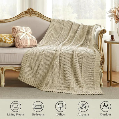 Amélie Home Chenille Knit Throw Blanket for Couch, Chevron Texture Decorative Soft Blanket for Sofa, Bed & Chair, 60"x80", Beige