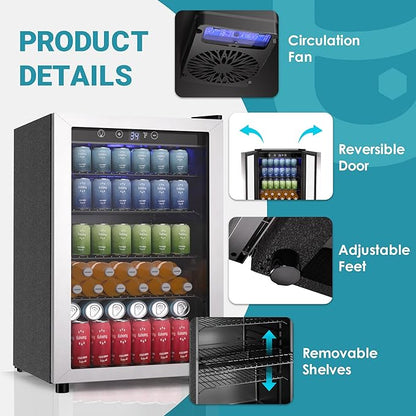 EUHOMY 4.5 Cu.ft Beverage Refrigerator and Cooler, 145 Can Mini fridge with Glass Door for Soda Beer Wine, Small Drink Dispenser with Digital Adjustable Thermostat for Home Office Bar