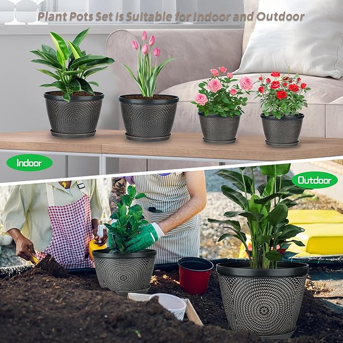 Quarut 10 Inch Flower Pots for Outdoor Indoor, 3 Pack Plastic Plant Pots with Drainage Hole & Tray, Modern Decorative Garden Pot with Saucer, planters for House (Black Copper)