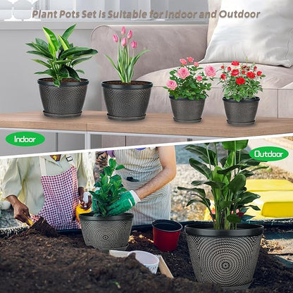 Quarut 10 Inch Flower Pots for Outdoor Indoor, 3 Pack Plastic Plant Pots with Drainage Hole & Tray, Modern Decorative Garden Pot with Saucer, planters for House (Black Copper)