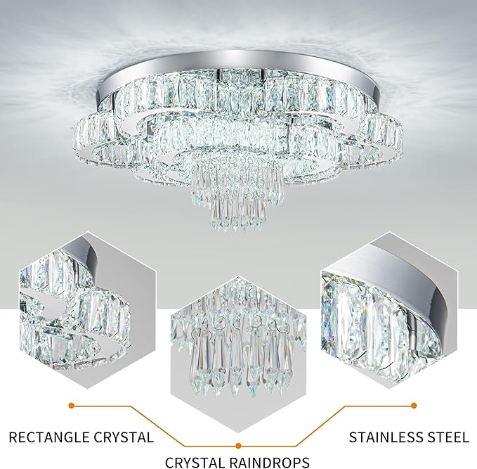 21 Inch Crystal Chandelier LED Flush Mount Ceiling Light Fixtures Luxury Chandeliers for Living Room Bathroom Bedroom Entrance Dining Room(Cool White)