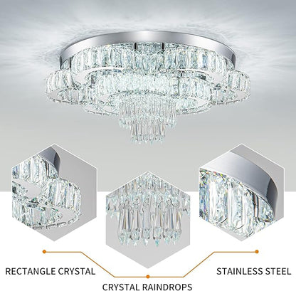 21 Inch Crystal Chandelier LED Flush Mount Ceiling Light Fixtures Luxury Chandeliers for Living Room Bathroom Bedroom Entrance Dining Room(Cool White)