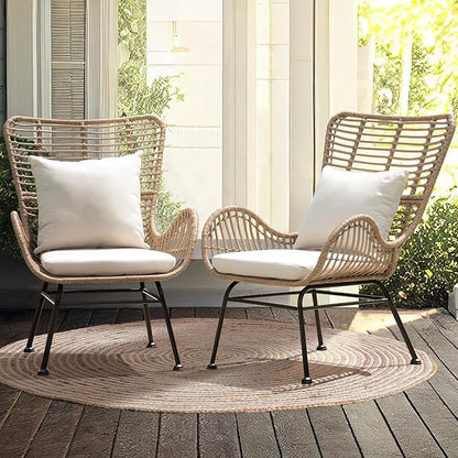 IDZO Isabelle Upgraded 2000 Hours UV Wicker Chairs Outdoor Set of 2, 500 lbs Capacity Outdoor Patio Chair, All-Weather Club Chair with Water-Resistant Olefin Cushions, Boho Style, Beige