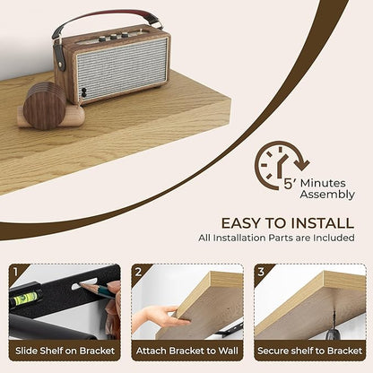 RICHFOCUS 36Inch Floating Shelves for Wall 2 Pack Shelves for Bedroom|Kitchen|Bathroom Wall Mounted Rustic Wood Floating Shelf with Invisible Brackets for Books|Storage|Decor, Oak